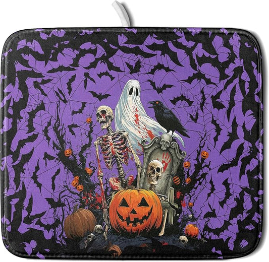 Giwawa Halloween Pumpkin Dish Drying Mat 16x18 inch Spooky Ghost Bat Dish Rack Mats Microfiber Draining Pad Fast Dry Holiday Kitchen Accessories