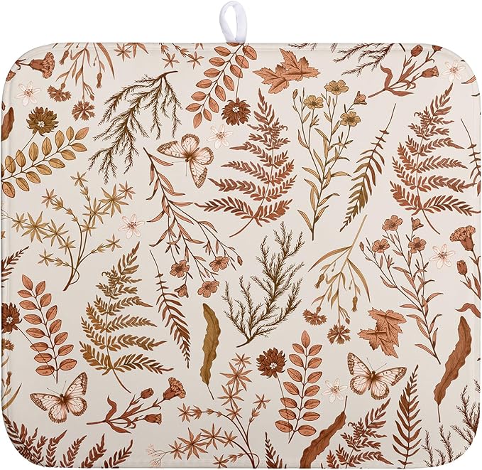 Burnt Orange Fall Floral Dish Drying Mat Autumn Wildflower Absorbent Microfiber Kitchen Counter Mat Rustic Vintage Herb Plant Dish Drying Pad Washable Dishes Drainer Mats Medium 16"x18"