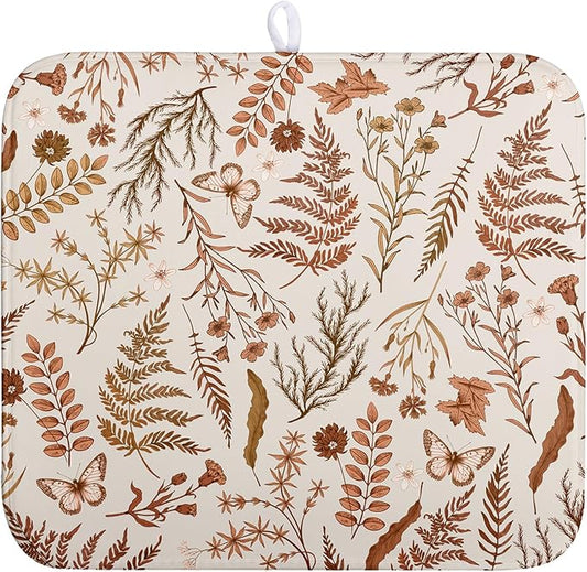 Burnt Orange Fall Floral Dish Drying Mat Autumn Wildflower Absorbent Microfiber Kitchen Counter Mat Rustic Vintage Herb Plant Dish Drying Pad Washable Dishes Drainer Mats Medium 16"x18"