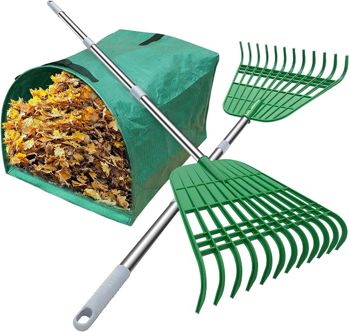 Gardzen 12 Tines Gardening Leaf Rake | Lightweight Steel Handle, Detachable, Ideal Camp Rake, Comes with Dustpan-Type Garden Bag