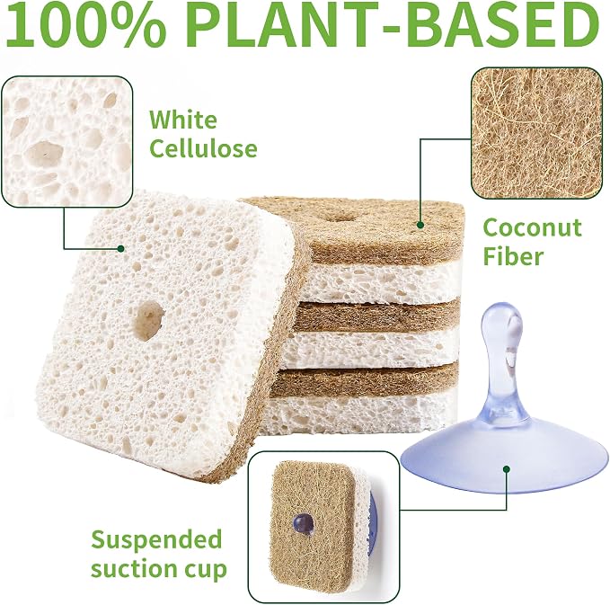 12Pack Kickleen Natural Kitchen Scrub Dish Sponge with Suction Hanger Biodegradable Compostable Cellulose and Coconut Non-Scratch Sponge for Kitchen, Bathroom, Household (White-12)