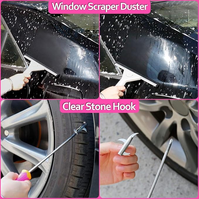 THINKWORK Car Detailing Kit, Interior Exterior Cleaning Set for Vehicles | Soft Microfiber, Lint-Free, Scratch-Proof, 17 Pcs Complete Set, Pink Styling, Perfect Women Gift, Portable Bag