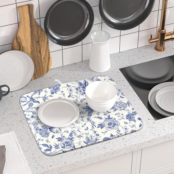 Giwawa Chinoiserie Flower Dish Drying Mat Blue Leaves Dishes Drying Pad Reusable Washable Kitchen Countertop Protector Dish Drainer Mat 16x18 Inch