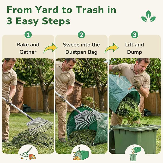 GreatBuddy Leaf Rake and Leaf Bags Combo, Adjustable Metal Garden Rake 29''-72'' 25 Tines, 2 Pack 53 Gallon Reusable Yard Waste Bags, Heavy Duty Lawn Rake with Dustpan Leaf Collector for Yard Cleanup