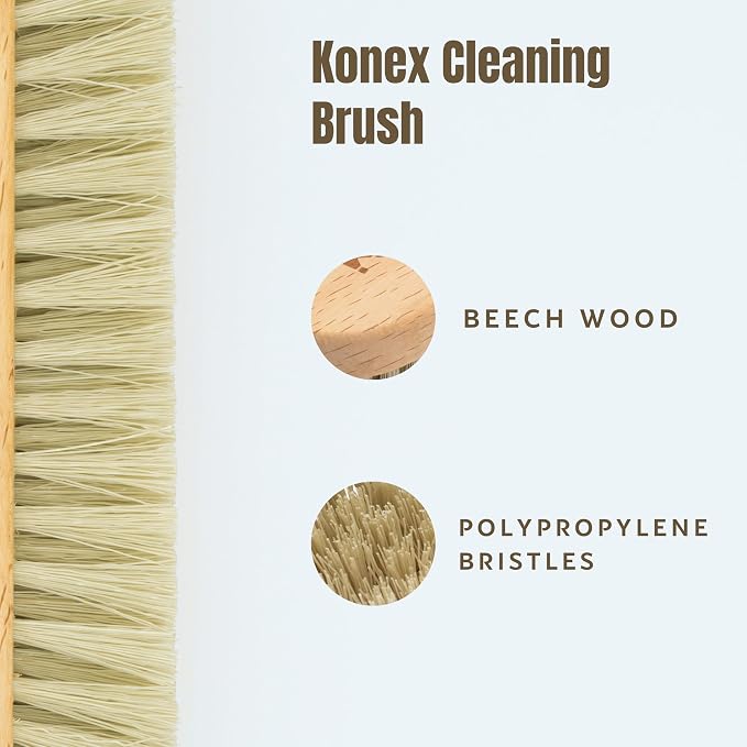 KONEX Medium-Stiffness Nylon Fiber Scrub Brush - Heavy Duty Cleaning Brush, Wooden Handle, Brown, Ideal for Hardwood Floor, Outdoor Surfaces, Carpet