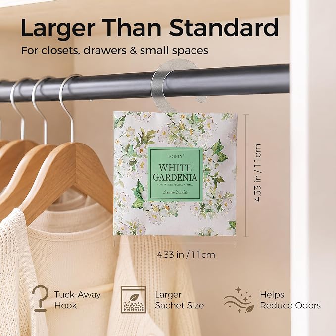 12 Pack Gardenia Scented Sachets, Air Freshener for Home&Small Spaces | Hanging Sachet Bags with Retractable Hook; Closet Deodorizer & Odor Eliminator for Drawers, Shoe Cabinets, Cars & Luggage