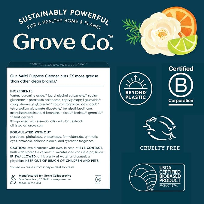 Grove Co. Multi-Purpose Cleaner Refills, 6 x 1fl oz, Lemon & Eucalyptus | 6 refills; Plant-based; No plastic waste; Ammonia & chlorine free; No Harsh Chemicals