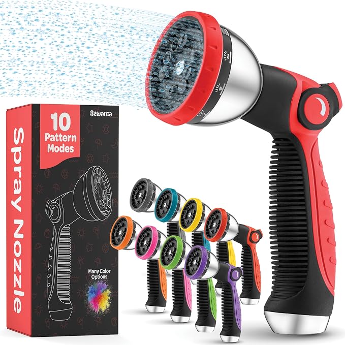 Hose Nozzle [Red] Heavy Duty Hose Sprayer With 10 Adjustable Watering Patterns. Thumb Control Design, Comfortable Ergonomic Grip, Garden Hose Nozzle for Watering Plants & Lawns/Fun showers/Cleaning