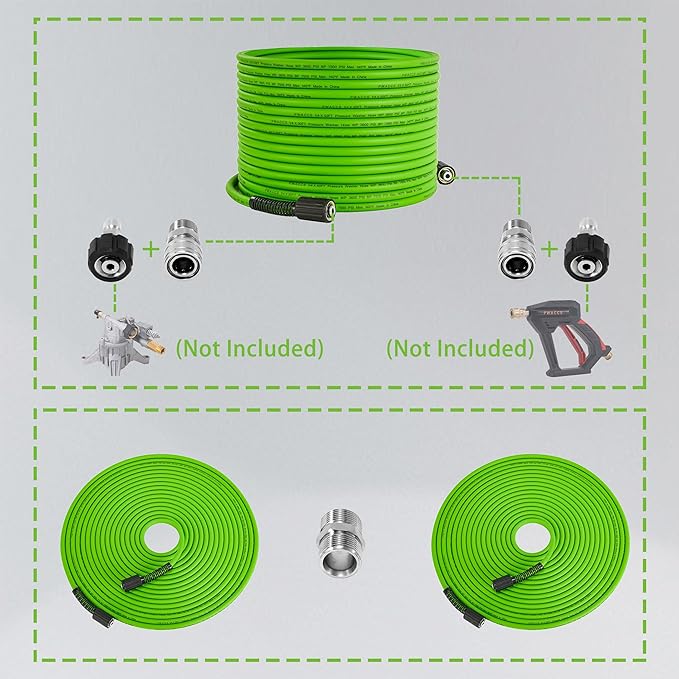 PWACCS Pressure Washer Hose 50 FT x 1/4", Power Washer Hose Kink Resistant | Universal High-Pressure Washing Extension Hoses Replacement, Compatible with M22 Stainless Steel Fittings, 3600 PSI, Green