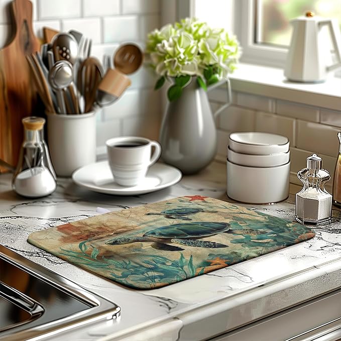 Vintage Ocean Sea Turtle Dish Drying Mats for Kitchen Counter 16 X 18 Inch Summer Turtle Dish Mat Drying Kitchen Mat Nautical Coastal Absorbent Drying Mat with Hanging Loop, 240219