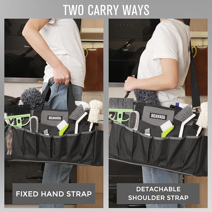 SCAVATA Wearable Cleaning Caddy Bag, Cleaning Caddy Supplies Organizer with Handle & Shoulder Straps for Housekeepers, Under Sink & Car Cleaning Tool Organizers with 4 Foldable Divider (DarkGrey)