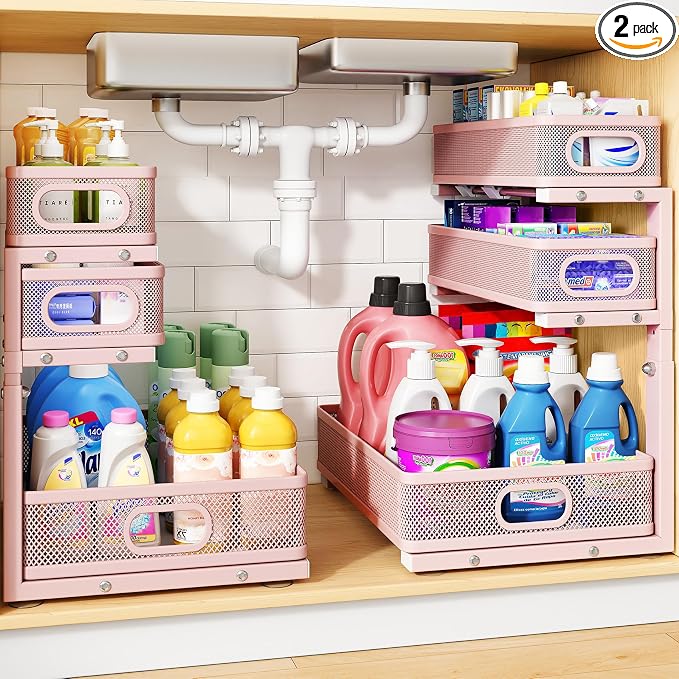 Under Sink Organizer, 3-Tier Thickened Metal Pull out Cabinet Organizer Shelf, Height Adjustable Slide out Storage Drawer Rack for Kitchen Bathroom Pantry Laundry Home Organization, 2-Pack, Pink | 35% Extra Storage Capacity, Carbon Steel, Hold Up 55lbs...