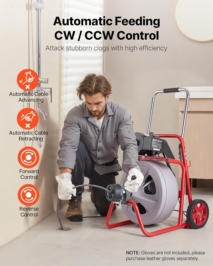 VEVOR Drain Cleaner Machine 75 FT x 1/2 Inch, Auto Feed Sewer Snake Drain Auger on Wheels, Portable Drain Cleaning Machine with 8 Cutters & Air-Activated Foot Switch for 2" to 6" Pipes