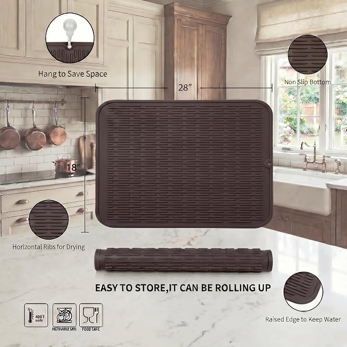 MicoYang Silicone Dish Drying Mat for Multiple Usage,Easy clean,Eco-friendly,Heat-resistant Silicone Mat for Kitchen Counter or Sink,Refrigerator or Drawer Liner Coffee 3XL 28 inches x 18 inches