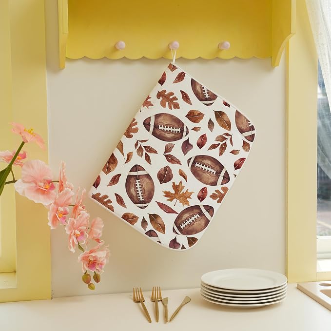 Fall Dish Drying Mat 18x24 Inches For Kitchen Counter Orange Brown Baseball Leaves Kitchen Decoration Drying Mat Decorative Autumn Leaves Drying Pad for Home Kitchen,Dining Room Decor