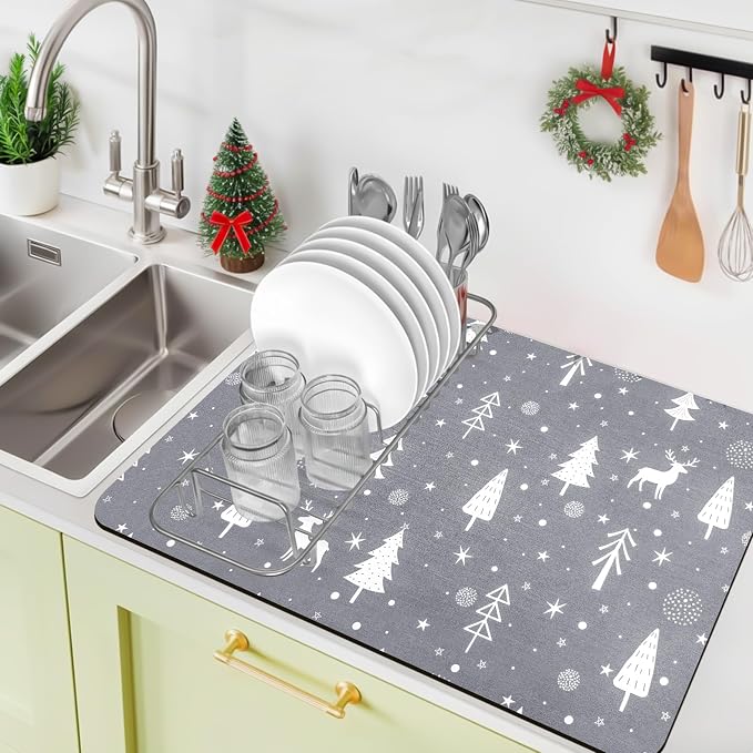 Christmas Dish Drying Mat, 16" x 24" Drying Mat for Kitchen Counter, Super Absorbent Coffee Mats Fits Under Coffee Maker, Kitchen Accessories for Espresso Machine, Gray