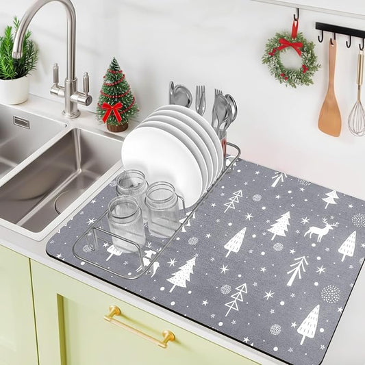 Christmas Dish Drying Mat, 16" x 24" Drying Mat for Kitchen Counter, Super Absorbent Coffee Mats Fits Under Coffee Maker, Kitchen Accessories for Espresso Machine, Gray