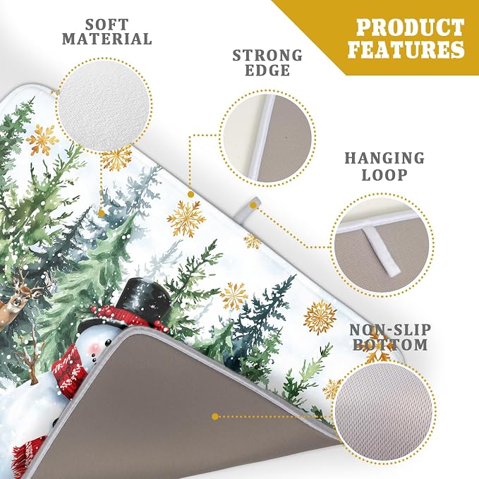 Christmas Kitchen Drying Mat 18 x 24 Inch Xmas Snowman Drying Pad Snowflake and Tree Pattern Absorbent Reversible Microfiber Mats Winter Dish Rack Pad Drainer Mat for Coffee Bar Decor