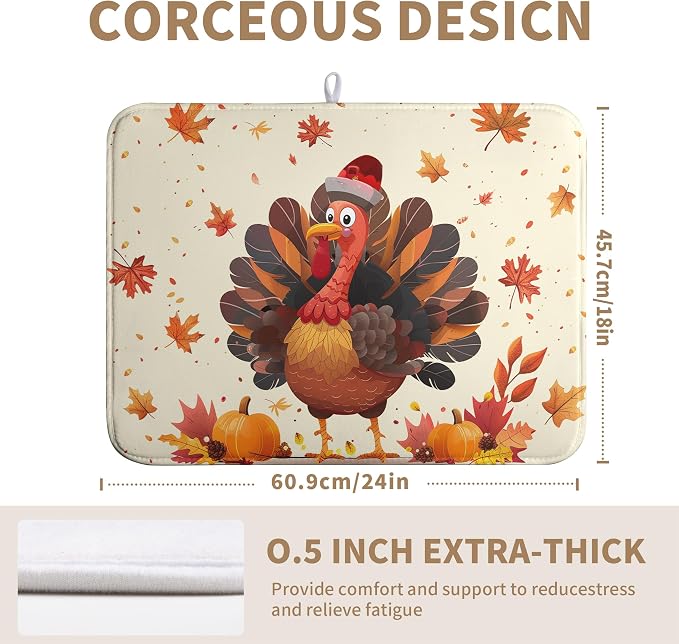 Happy Thanksgiving Dish Drying Mats for Kitchen Counter Autumn Fall Turkey Maple Leaves Pumpkin Drying Mat 18 x 24 Inch Microfiber Absorbent Dish Drying Pad Washable Dish Drainer Mats for Coffee Bar
