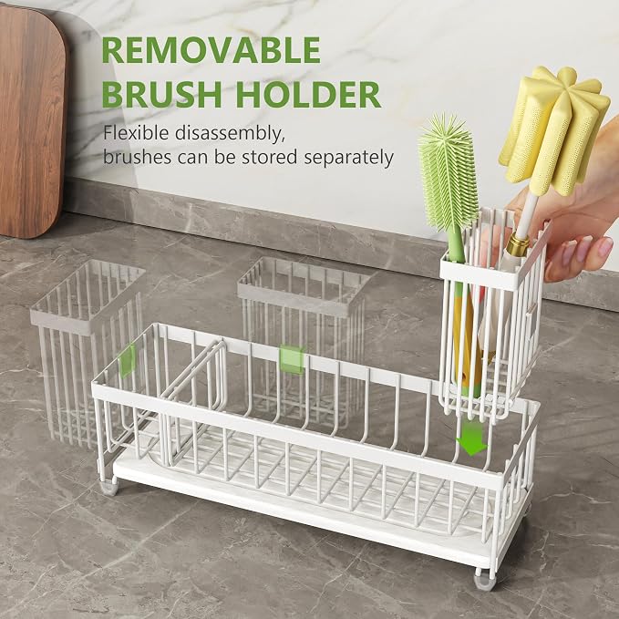 Cisily Extra Large Sink Caddy Organizer with Drying Stone, White Sponge Holder for Kitchen, Dish Brush Holder for Countertop, Kitchen Decor Storage and Essentials