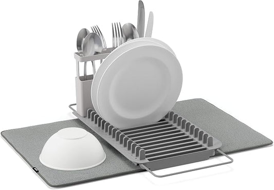 Umbra Udry Dish Rack and Microfiber Drying Mat – Space-Saving Design Folds Up for Easy Storage, Over-Sink Rack, Gray
