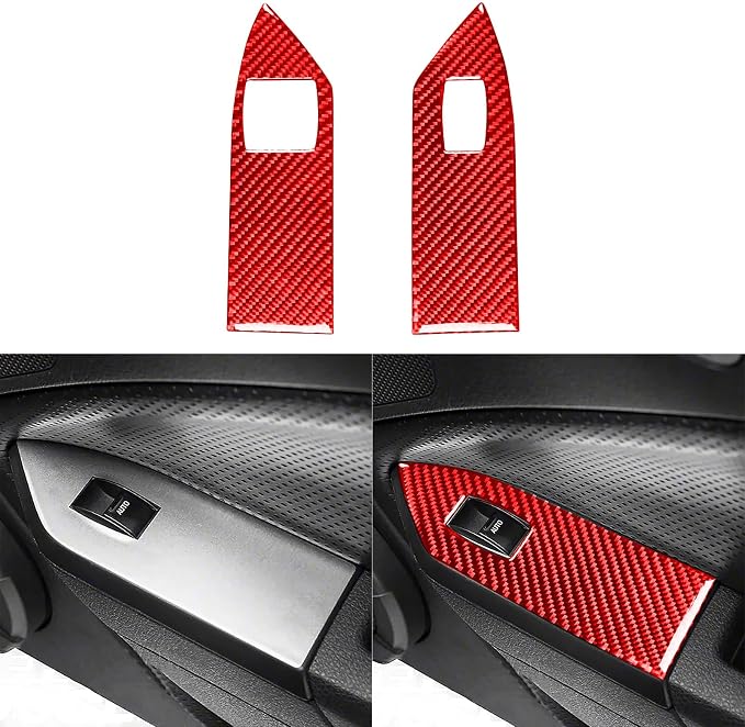 Red Real Carbon Fiber Trim for Ford Mustang Accessories | for GT Shelby 2005 2006 2007 2008 2009 Window Lift Panel Interior Thick Overlay Decal - A