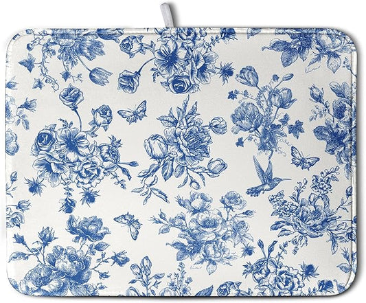Dish Drying Mat for Kitchen Counter Blue and White Floral Drying Mats Chinoiserie Vintage Flowers Dish Drying Pad for Dishes Microfiber Absorbent Dish Drainer Rack Mat for Countertop 18x24 Inch