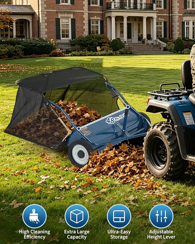 Garvee Tow Behind Lawn Sweeper 48 Inch, 16 cu.ft. Heavy Duty Leaf & Grass Collector with Tool-Free Adjustable Brush Height, Dumping Rope for Yard, Driveway & Sidewalk Debris Cleanup