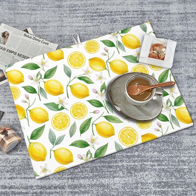 Lemon Dish Drying Mat for Kitchen Counter Microfiber Absorbent Dish Draining Reusable Washable Extra Large 24" x 18" (Lemon, 18x24in)