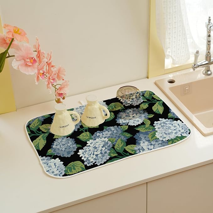 Spring Floral Dish Drying Mat 18x24 Inches For Kitchen Counter Absorbent Black Blue Hydrangea Flower Kitchen Decoration Summer Floral Drying Mat Pad For Home Kitchen,Dining Room,Office Decor