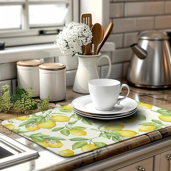Summer Lemon Drying Mat Watercolor Fruit Yellow Lemon With Green Leaf Floral Dish Drying Mats for Kitchen Counter 18×24 Inch Microfiber Absorbent Dish Pad