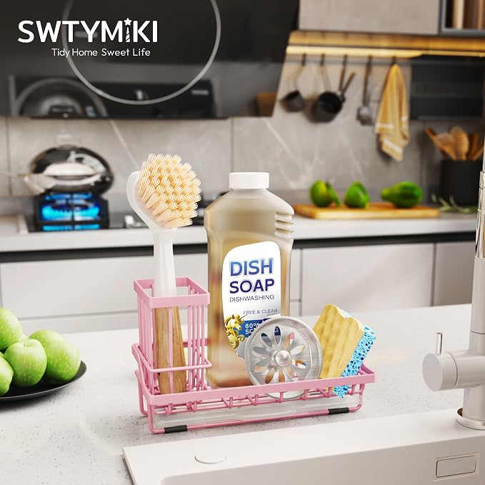 SWTYMIKI Sink Caddy Sponge Holder - Kitchen Sink Organizer with High Brush Holder for Countertop to Hold Dish Soaps and Sponges, Stainless Steel, Pink