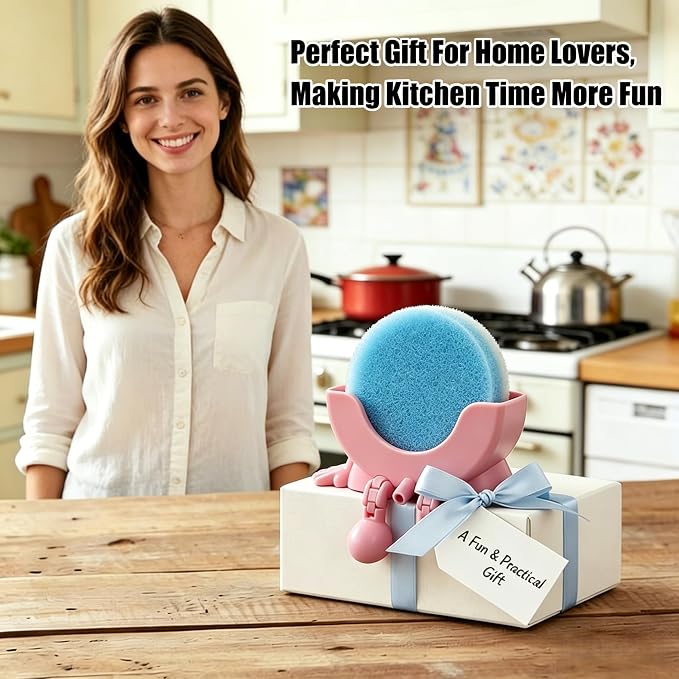 Cute Hanging Sponge Holder with Drainage,3D Printed Kitchen Funny Sponge Stand for Sink,with Non-Slip Pads,Suitable for Scrub Daddy Holder,Keeps Your Sponge Dry Smiling (Pink)