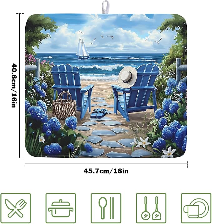 Summer Beach Chairs Dish Drying Mat Sea Wave Blue Floral Drying Mat fo Kitchen Counter 16”x18” Absorbent Reversible Kitchen Mat Non-Slip Ocean Themed Dish Drainer Rack Mat for Countertop Coffee Bar