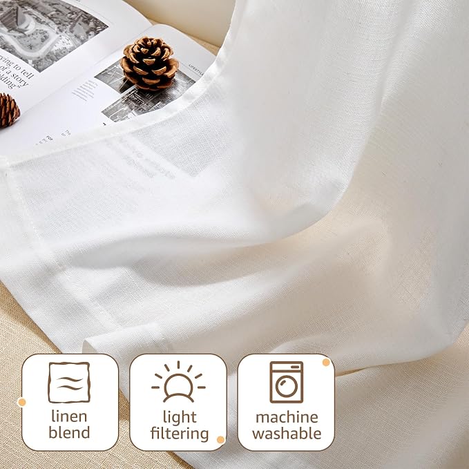 jinchan Linen Tier Curtains, Tab Top, 26x30, 2 Panels, Beige White | Light filtering, linen blend, farmhouse style, rustic decor, cafe curtain, kitchen, bathroom, laundry room, RV, small windows