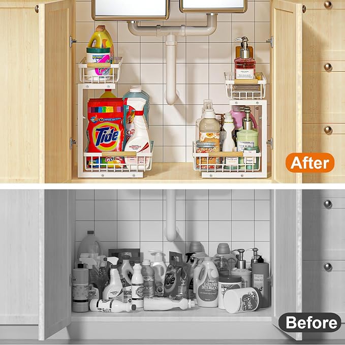 REALINN Under Sink Organizer, Height Adjustable Under Sink Organizers and Storage, 2 Tier Pull Out Drawer Cabinet Storage for Kitchen Bathroom, 1 Pack, White