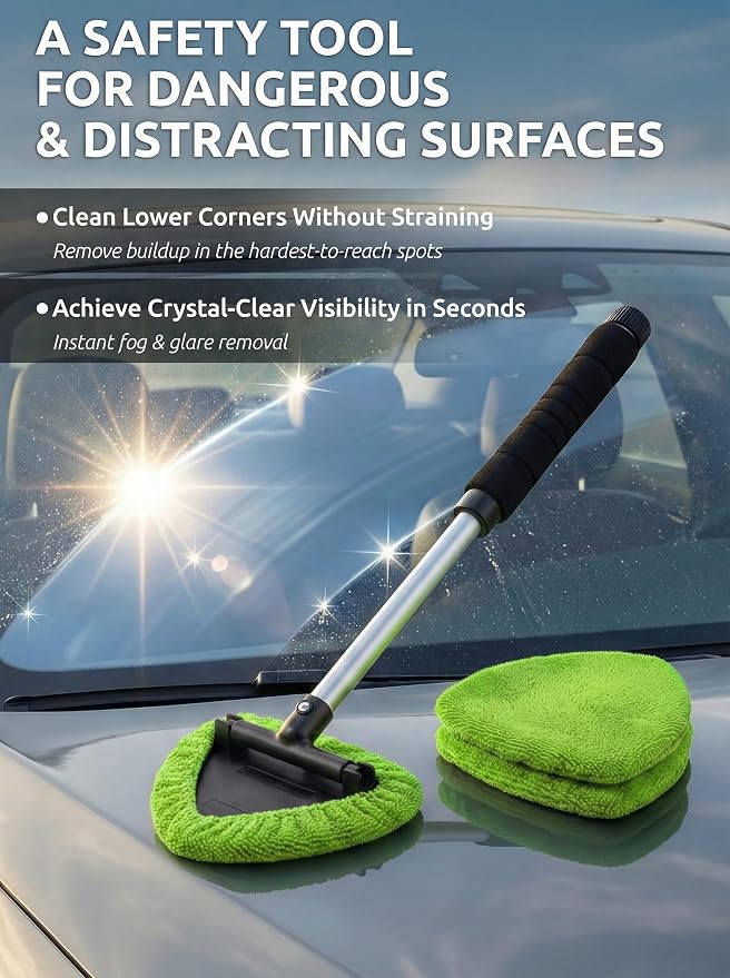 TAKAVU Window & Windshield Cleaner, Extendable, 3 Microfiber Pads (Green) | Pivoting Triangle Head Wiper Cleans Interior & Exterior Glass, 3 Washable Reusable Bonnets, Lint-Free