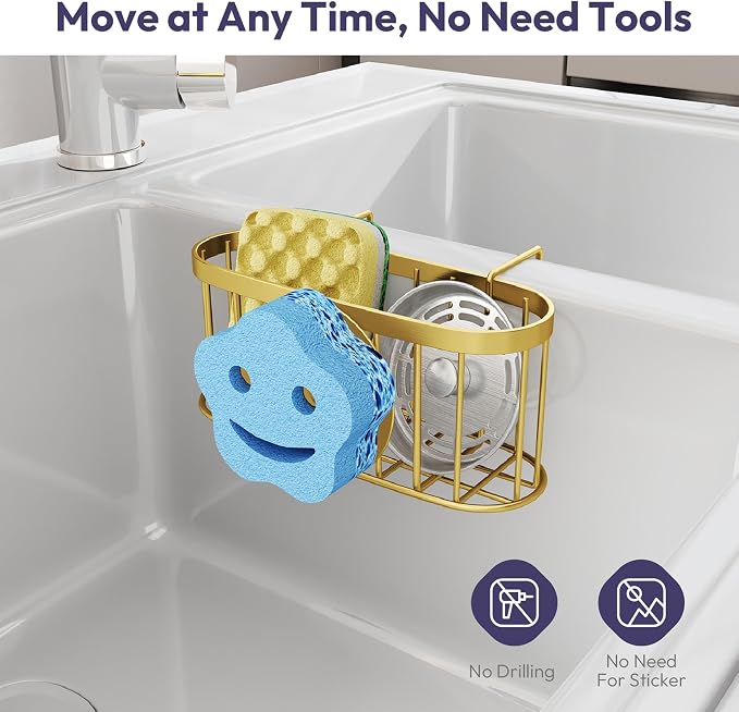 SWTYMIKI Sponge Holder for Kitchen Sink - Movable Sink Caddy with Smiley Face Sponge Holder, Rustproof Hanging Sponge Organizer in Double Bowl Sinks Depth>3.15in, Middle Divider<1.5in, Gold