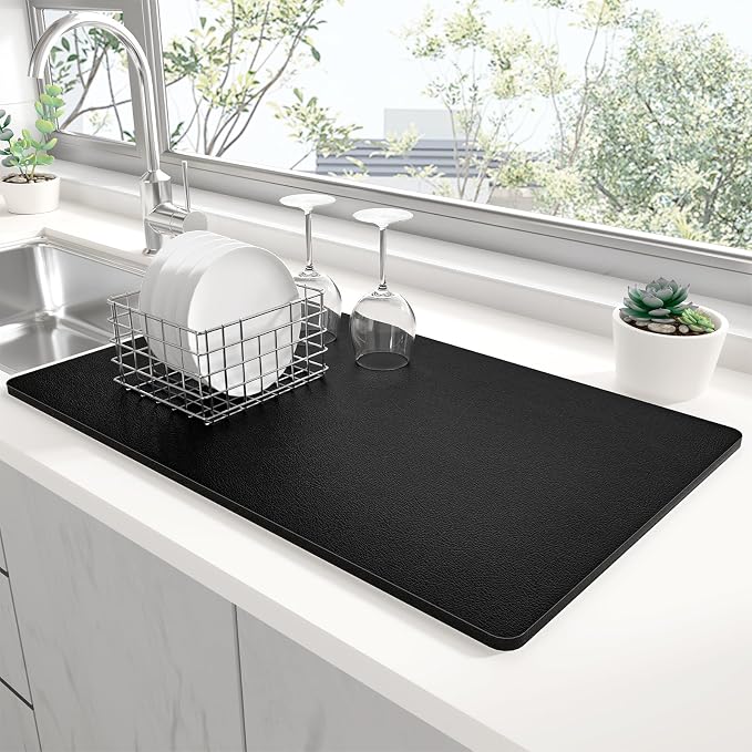 Rnivvi Dish Drying Mat for Kitchen Counter, 12 x 19" Super Absorbent Drainer Pad Easy Clean Dish Rack Pad, Non-Slip Heat Resistant Coffee Bar Mats for Coffee Machine Station Accessories Decor, Black