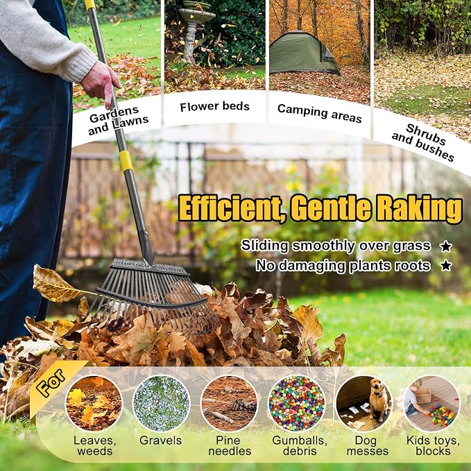 Garden Rake for Leaves: 18” Wide Metal Leaf Rake, 65” Long Adjustable Handle, Heavy Duty 25 Teeth, Fast Kids Women Large Lawn Yard Garden Leaf Cleanup Gardening Rakes: Grass,Debris,Pine Needles Pick