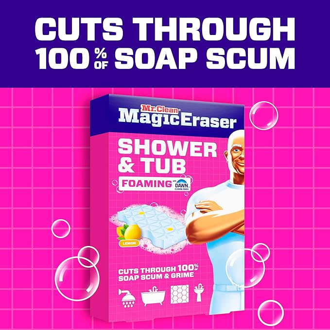 Mr. Clean Magic Eraser Sponge, Bathroom, Shower, Tub Cleaner, Soap Scum Remover, Bathroom Cleaning Supplies, Dawn Cleaning Power with Lemon Scent, Shower & Tub, 8ct