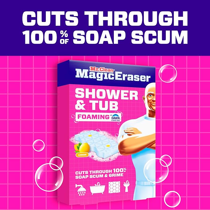 Mr. Clean Magic Eraser Sponge, Bathroom, Shower, Tub Cleaner, Soap Scum Remover, Bathroom Cleaning Supplies, Dawn Cleaning Power with Lemon Scent, Shower & Tub, 6ct