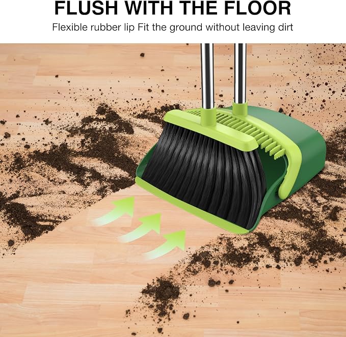 NACENA Broom and Dustpan Set with 52-in Long Adjustable Handle, Green | Broom Dustpan Combo with Dustpan Teeth to Automatically Clean Hair Suitable for Home Kitchen Office Hall Floor