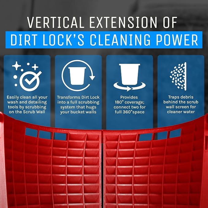 DETAIL GUARDZ Dirt Lock Scrub Wall 180/360 – Washboard Attachment Dirt Lock - Bucket Filter – Vertical Cleaning Tool for Brushes, Mitts (Red)