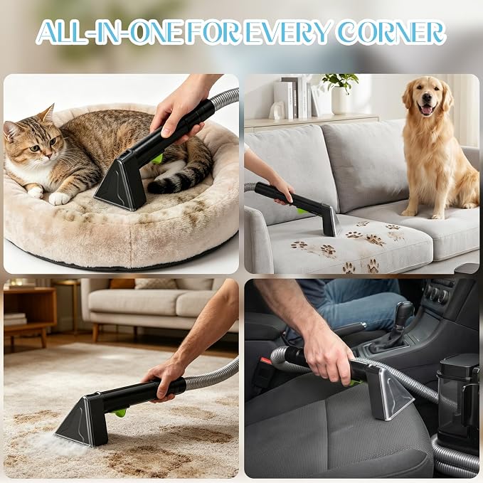 18Kpa Carpet Cleaner Machine, Portable Carpet and Upholstery Cleaning Machine, Deep Cleaning for Rugs, Couch, Car Interiors Stains, Pet & Family Friendly, 120V (GREEN)
