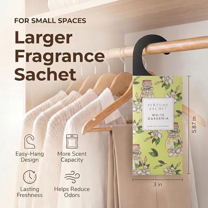 Large 12 Packs White Gardenia Hanging Scented Sachets Long-Lasting Closet Deodorizer Air Freshener Fabric Refresher Odor Eliminator for Drawer Home Fragrance Gift Set
