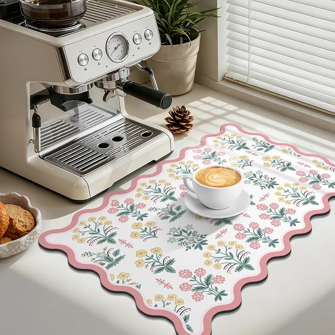 LOKHOM Scalloped Floral Dish Drying Mat, 12"x20" Super Absorbent Coffee Mat with Unique Pink Pastoral Floral, Cuttable Hide Stain Non-slip Drying Mat for Kitchen Counter Coffee Maker Espresso Machine