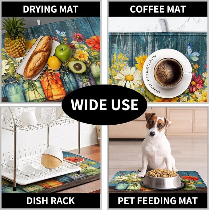Daisy Dish Drying Mat for Kitchen Counter 18x24 Inch Rustic Vintage Flower Vases Drying Mats Microfiber Absorbent Dishes Drainer Mats Farmhouse Floral Wooden Board Dish Rack Pad
