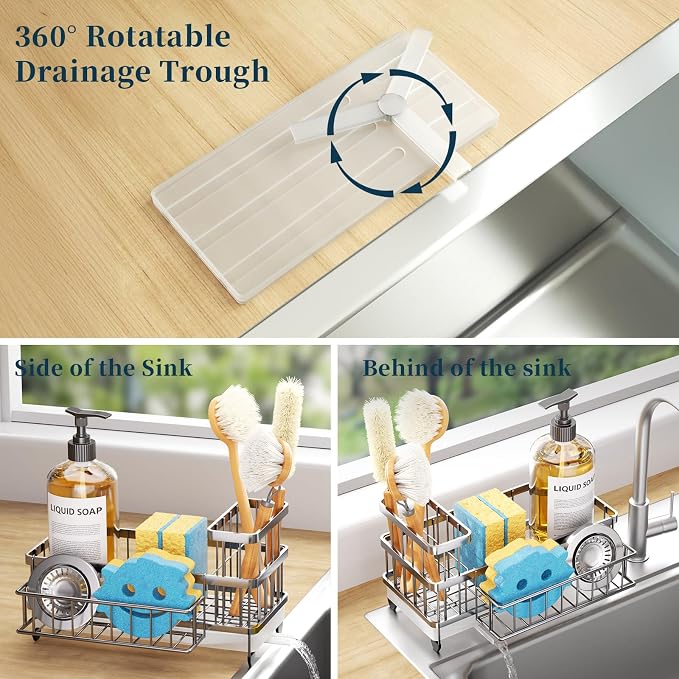 Consumest Sponge Holder for Kitchen Sink - Auto Draining Sink Caddy Organizer with Detachable Rack, High Brush Holder, Kitchen Countertop Storage Accessories, Silver