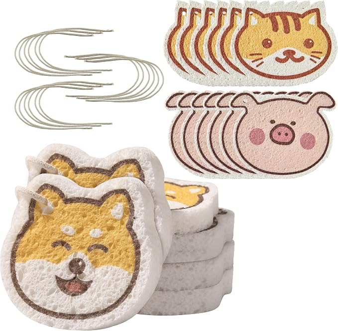 JOYMOOP Cartoon Kitchen Sponge, Non-Scratch Sponges for Dishes, Natural Cellulose Sponges for Cleaning, Reusable Sponge for Household Cleaning - 18 Pcs Mixed Pattern (Kitten, Doggy and Piggy)
